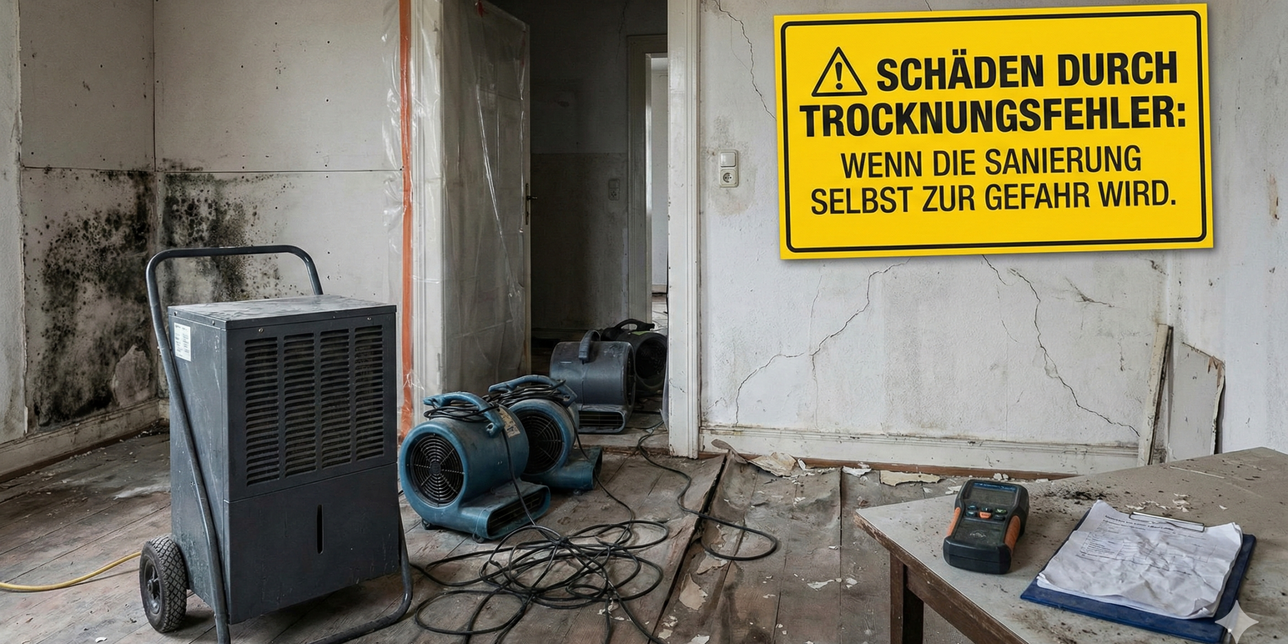 "Ein stark durch Wasserschaden und Schimmel beschädigter Raum mit laufenden Bautrocknern und Ventilatoren. Im Vordergrund ist ein gelbes Warnschild eingeblendet mit dem Text: '⚠️ SCHÄDEN DURCH TROCKNUNGSFEHLER: WENN DIE SANIERUNG SELBST ZUR GEFAHR WIRD'."
