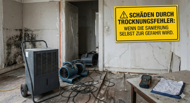 gefahr-durch-unsachgemaesse-bautrocknung-schimmel-warnung "Ein stark durch Wasserschaden und Schimmel beschädigter Raum mit laufenden Bautrocknern und Ventilatoren. Im Vordergrund ist ein gelbes Warnschild eingeblendet mit dem Text: '⚠️ SCHÄDEN DURCH TROCKNUNGSFEHLER: WENN DIE SANIERUNG SELBST ZUR GEFAHR WIRD'."