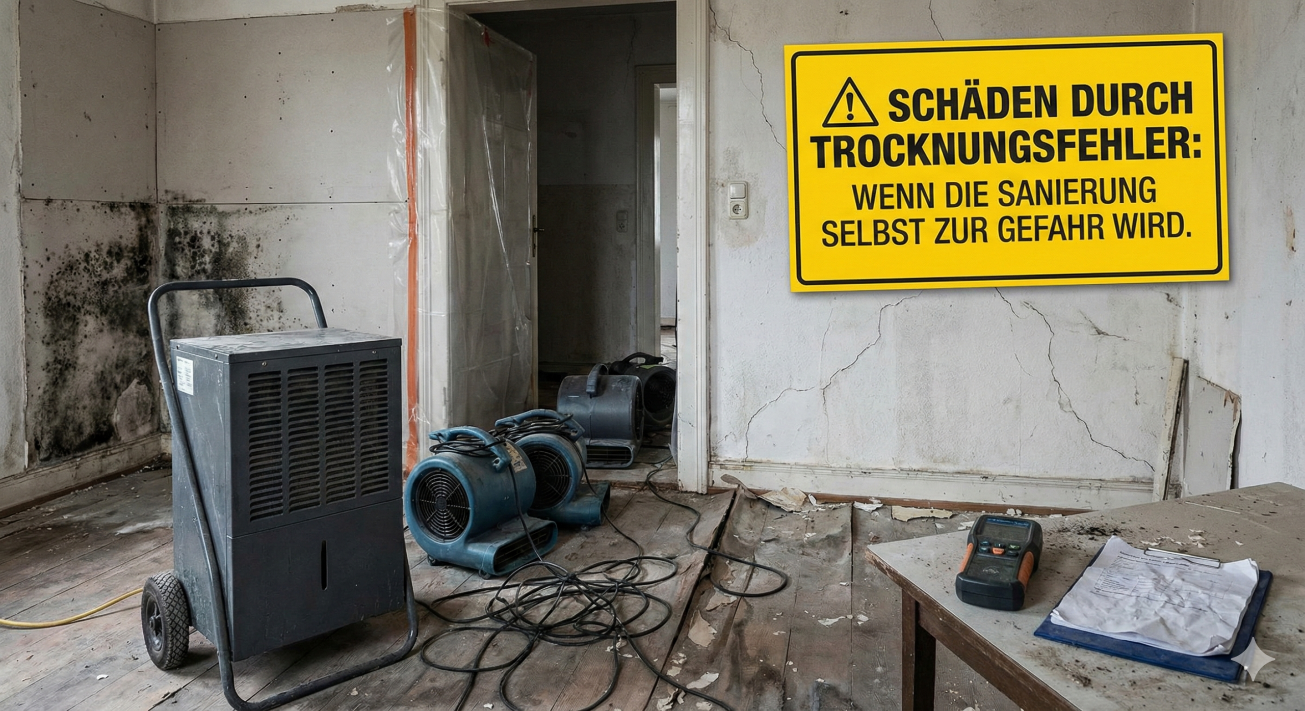 "Ein stark durch Wasserschaden und Schimmel beschädigter Raum mit laufenden Bautrocknern und Ventilatoren. Im Vordergrund ist ein gelbes Warnschild eingeblendet mit dem Text: '⚠️ SCHÄDEN DURCH TROCKNUNGSFEHLER: WENN DIE SANIERUNG SELBST ZUR GEFAHR WIRD'."