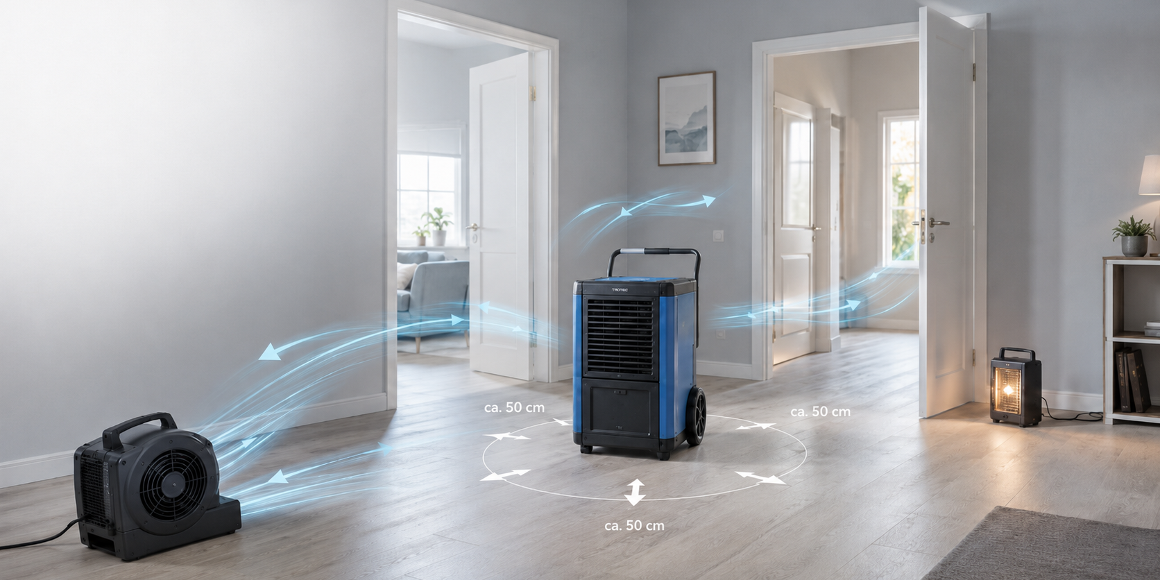 bautrockner-richtig-aufstellen-luftzirkulation Zentral aufgestellter Bautrockner mit Ventilator und Heizgerät für eine optimale Luftzirkulation.