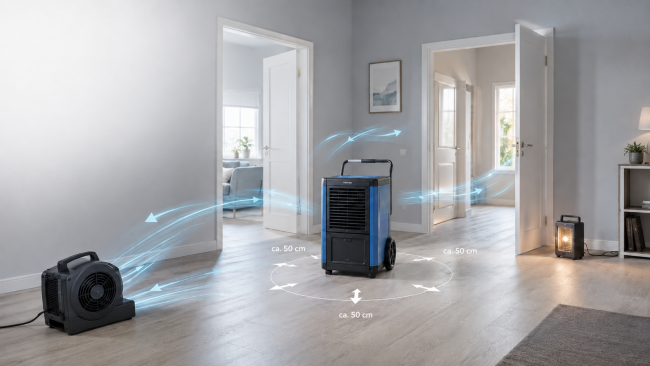 bautrockner-richtig-aufstellen-luftzirkulation Zentral aufgestellter Bautrockner mit Ventilator und Heizgerät für eine optimale Luftzirkulation.