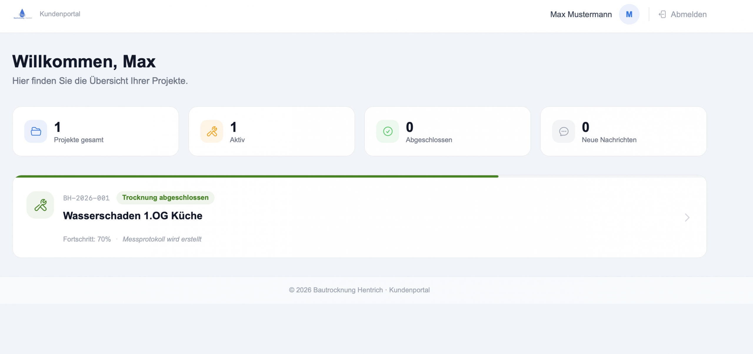 Dashboard - Projektübersicht im Kundenportal