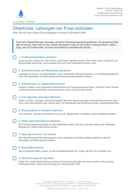 Seite 1 der Checkliste Leitungen vor Frost schützen mit neun Punkten für die Zeit vor dem ersten Frost