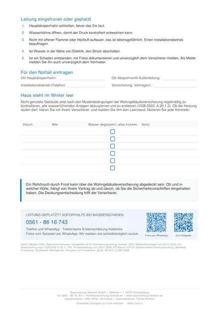 Seite 2 der Checkliste: Sofortmaßnahmen bei eingefrorener Leitung, Notfallfelder und Kontrollliste für leerstehende Häuser