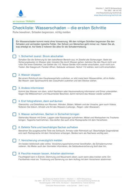 Seite 1 der Checkliste: Wasserschaden – die ersten Schritte mit acht Punkten zum Abhaken