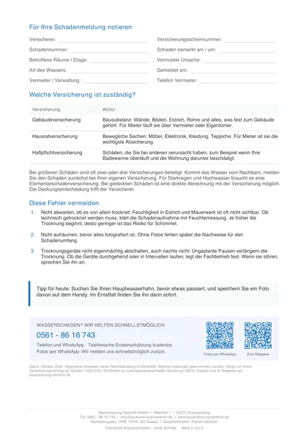 Seite 2 der Checkliste: Notizfelder für die Schadenmeldung, Übersicht der Versicherungen und typische Fehler