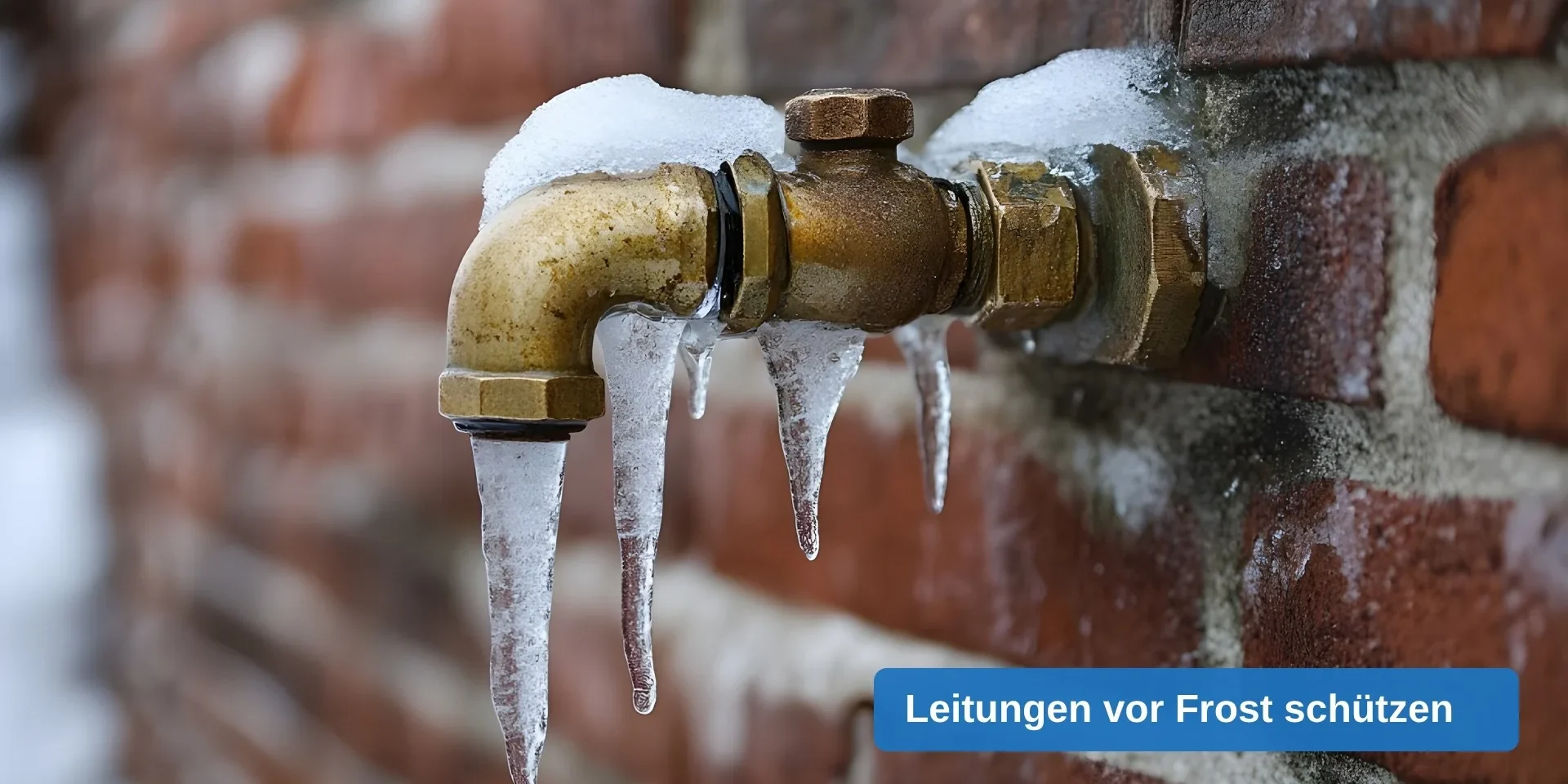 Rohrbruch durch Frost – Beitragsbild Außenwasserhahn aus Messing an einer Backsteinwand mit Schnee und Eiszapfen – Rohrbruch durch Frost vorbeugen