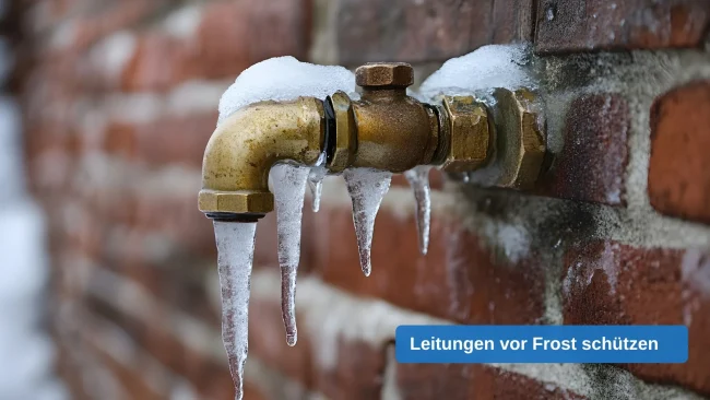 Außenwasserhahn aus Messing an einer Backsteinwand mit Schnee und Eiszapfen – Rohrbruch durch Frost vorbeugen